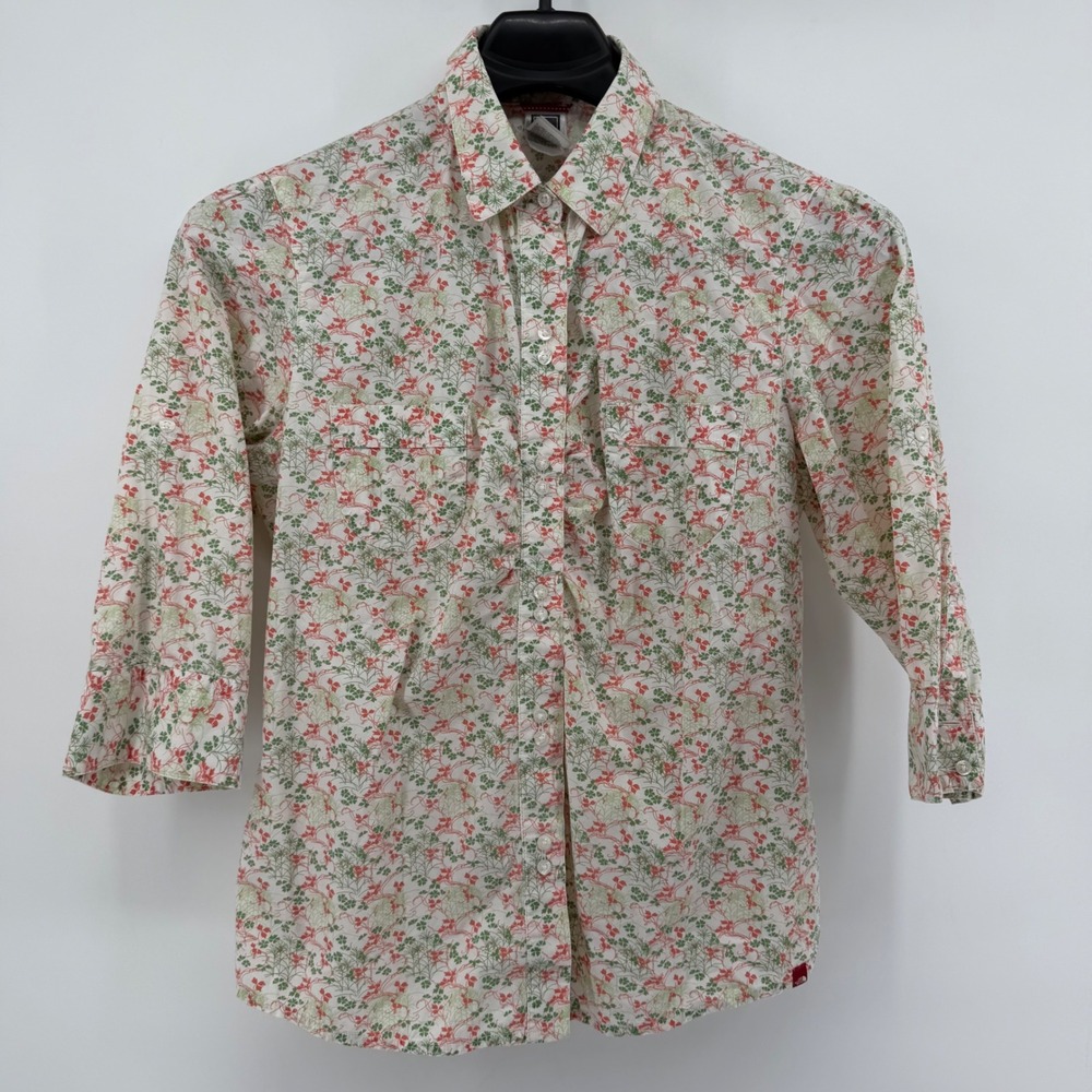 The North Face Button Down Womens XL White Botanical 3/4 Sleeve Cotton Shirt‎